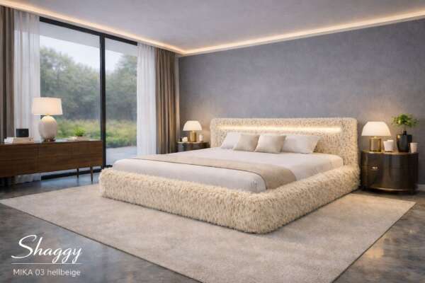 Luxus Polsterbett SHAGGY – Mika – Inkl. LED-Beleuchtung, Bettkasten & 32er Lattenrost