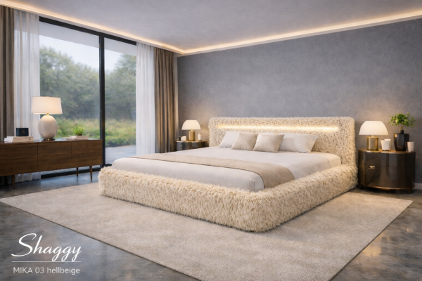 Luxus Polsterbett SHAGGY – Mika – Inkl. LED-Beleuchtung, Bettkasten & 32er Lattenrost