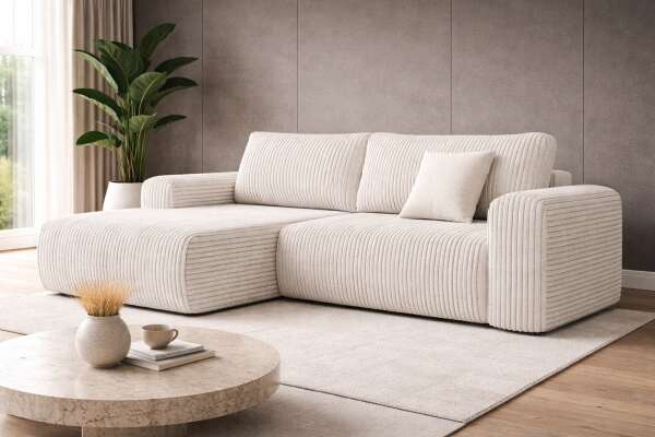Ecksofa BERI in breitem CORD Stoff mit Schlaffunktion u. Bettkasten