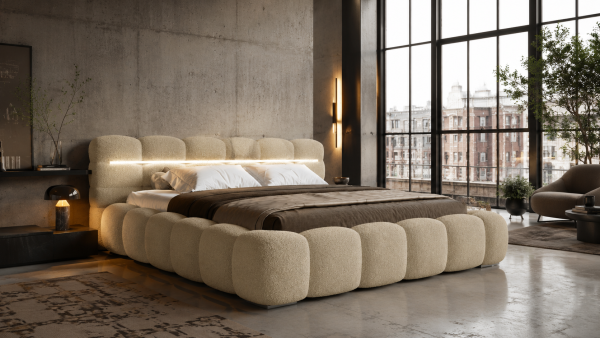Polsterbett LUCIA Bouclé Designer- Wolkenbett mit Bettkasten u. LED-Beleuchtung, Lattenrost m. 32 Lamellen