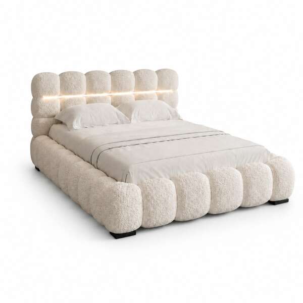 Polsterbett Lucia Bouclé Designer- Wolkenbett mit Bettkasten u. LED-Beleuchtung, Lattenrost m. 32 Lamellen