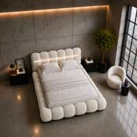 Polsterbett Lucia Bouclé Designer- Wolkenbett mit Bettkasten u. LED-Beleuchtung, Lattenrost m. 32 Lamellen