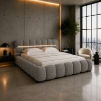 Polsterbett Lucia Bouclé Designer- Wolkenbett mit Bettkasten u. LED-Beleuchtung, Lattenrost m. 32 Lamellen